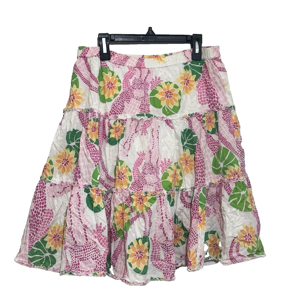 Lilly Pulitzer Giraffe Floral Tiered Ruffle Cotton Skirt Pink White XS